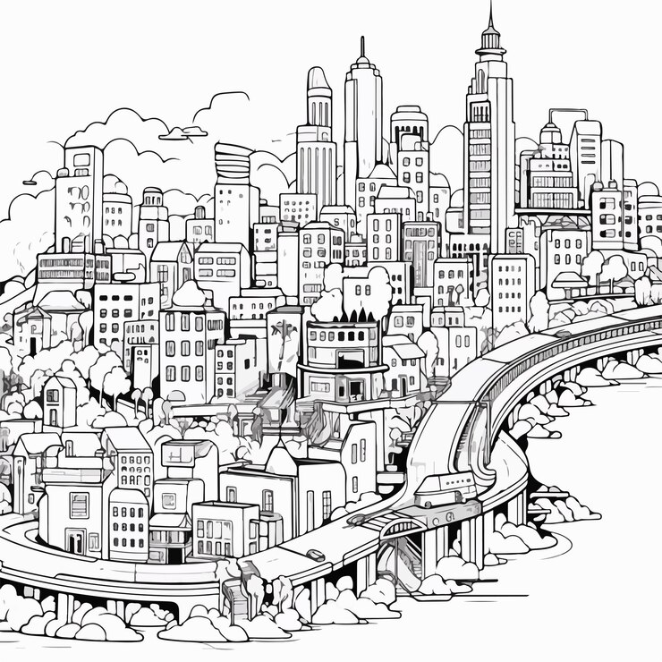Vetor megalopolis grande cidade vida contour ilustração de arte de linha