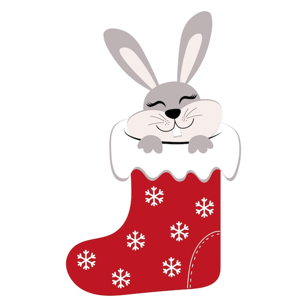 Meia vermelha de natal com um coelho fofo ilustração vetorial com o símbolo de 2023 convite para cartão de saudação de natal desenhado à mão ano novo de coelho chinês