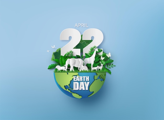 Meio ambiente mundial e conceito do dia da terra com animais, estilo de corte de papel