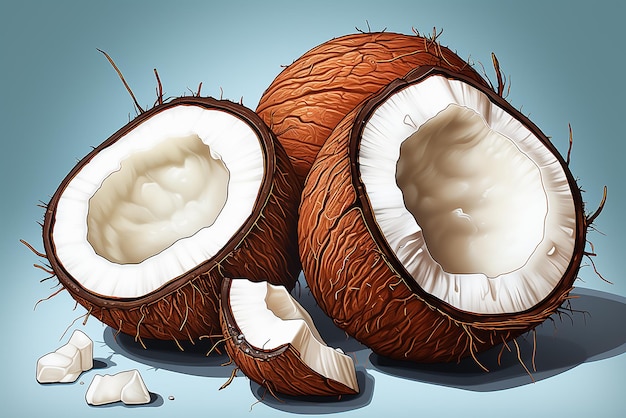 Meio pedaço de coco com carne branca frutos de coco tropicais em fundo branco