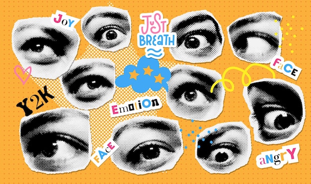 Meio-tom de colagem na moda com modelo de adesivos de papel retrô de olhos emocionais para cartão de pôster de banner