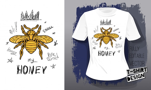 Mel abelha bordados dourados rainha coroa tecidos têxteis letras ouro asas inseto design de t-shirt. Mão desenhada vector mel abelha moda luxo bordado estilo