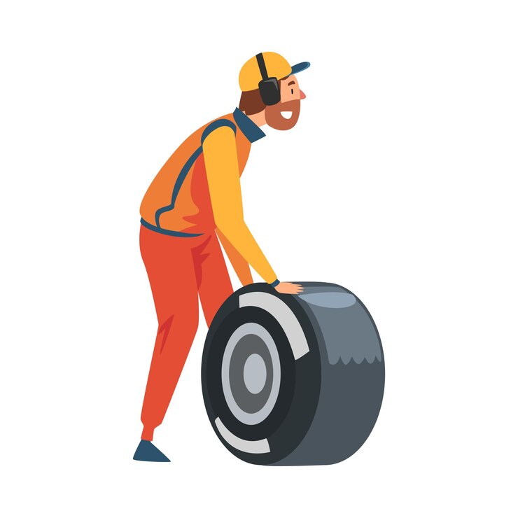 Vetor membro da tripulação de pit stop em uniforme e fones de ouvido mudando de pneu roda de manutenção de carro de corrida mecânico profissional personagem de desenho animado ilustração vetorial