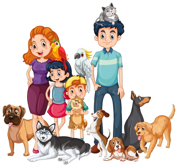 Vetor membros da família com muitos cães em estilo cartoon