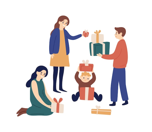 Membros da família ou parentes trocando caixas de presente festivo vector a ilustração plana. Sorrindo, homem, mulher e criança dando presentes isolados. Comemorando o Natal ou feriado juntos.