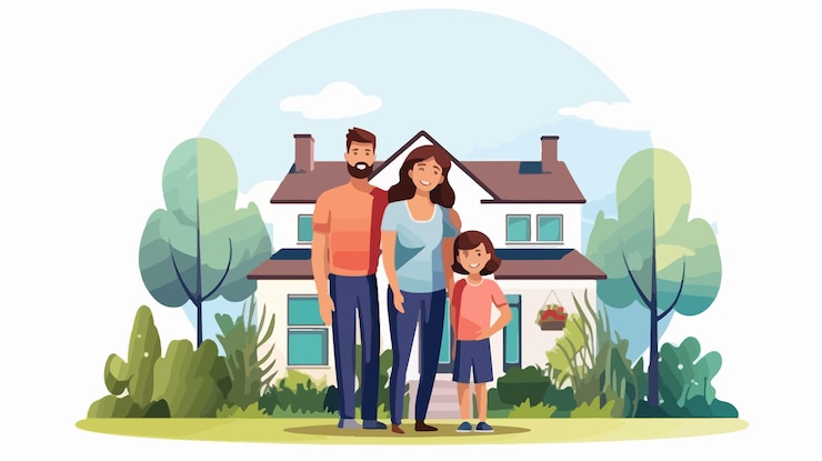 Vetor membros felizes da família fora de casa vector de desenhos animados