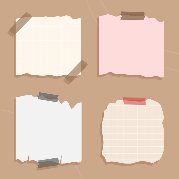 Memo adesivo, folha de papel e tiras de papel de caderno, pedaços presos com fita adesiva