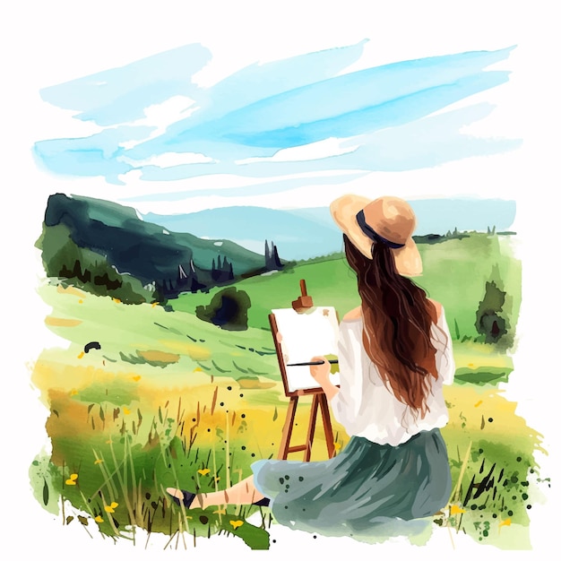 Vetor menina a pintar paisagens a aquarela