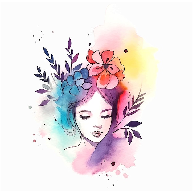 Vetor menina abstrata com ilustração de pintura em aquarela de flor de arte de linha