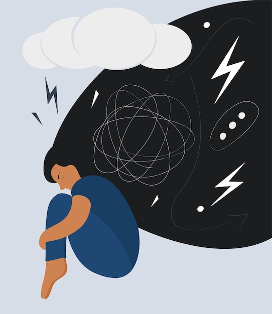 Menina adolescente deprimida ou mulher com cabelo fluido Doença mental Ilustração vetorial da saúde mental