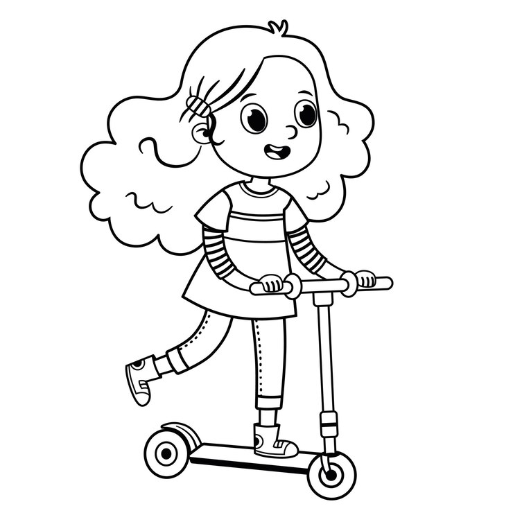 Vetor menina adolescente em preto e branco em uma scooter andando de ilustração vetorial