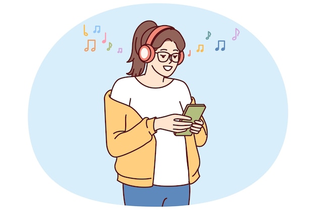 Menina adolescente ouve música em fones de ouvido e segura telefone com aplicativo para selecionar faixa da lista de reprodução