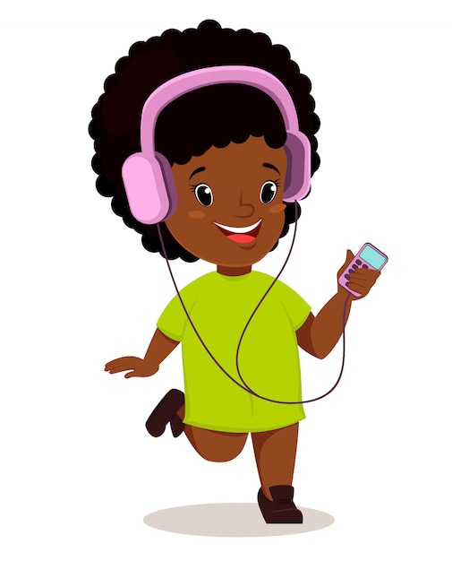 Vetor menina africana correndo e ouvindo a música