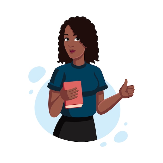 Menina africana mostra o polegar para cima e segura o livro Online Education concept Vector