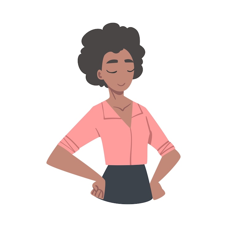 Vetor menina afro-americana confiante de pé com as mãos nos quadris mulher jovem expressando emoções positivas se amem, se orgulhem, se estimem ilustração vetorial de desenho animado