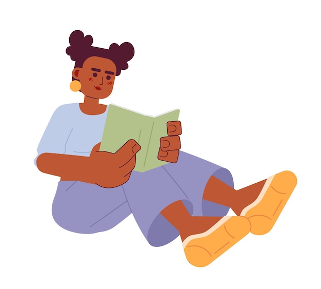 Vetor menina afro-americana lendo um livro personagem de desenho animado 2d mulher jovem negra sentada com um livro pessoa vetor isolada fundo branco bookworm estudante leitora de cor ponto plano ilustração