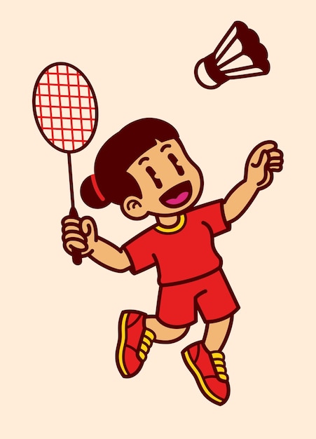 Menina alegre jogando desenho animado de badminton isolado