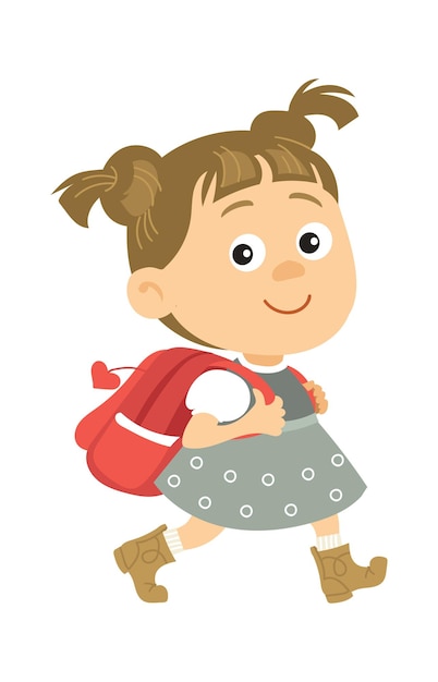 Menina andando com mochila. criança indo para a escola. personagem de desenho animado feliz