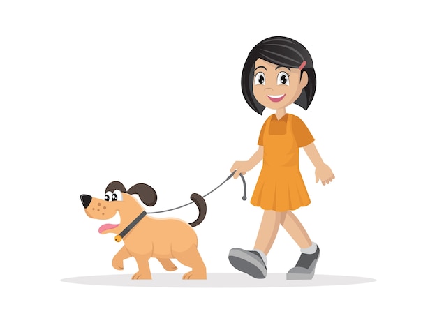 Menina andando com o cachorro.