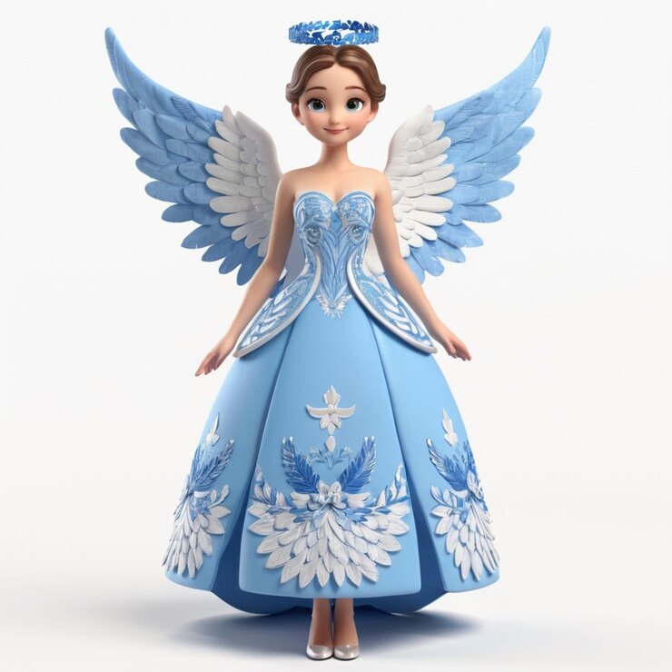 Vetor menina anjo vestindo vestido de baile bordado azul vestido e asas