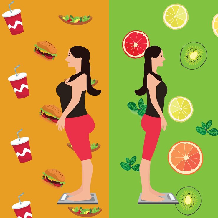 Vetor menina antes e depois da dieta mudar de comida de não saudável para frutas frescas