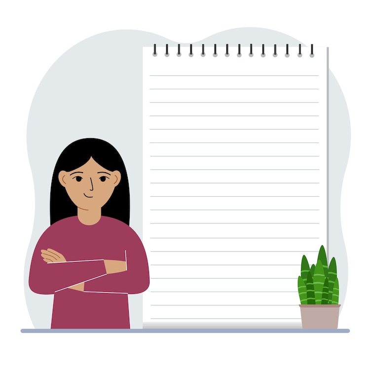 Vetor menina ao lado de um bloco de notas grande ou caderno grande o conceito de preencher um caderno escrevendo notas