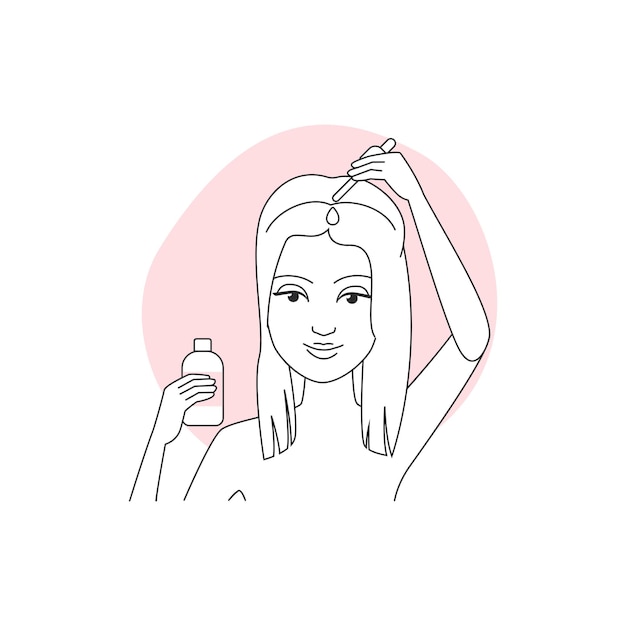 Menina aplicando óleo ou essência de soro para o cuidado do couro cabeludo de um frasco de cosméticos com conta-gotas