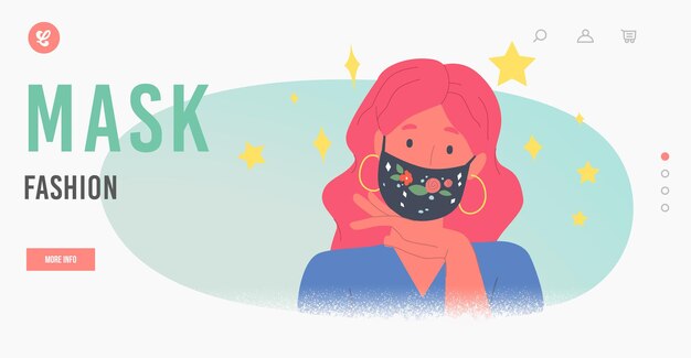 Menina apresentando máscara da moda durante modelo de página inicial de surto de Covid. Personagem feminina vestida com máscaras protetoras elegantes com bordado floral ou impressão. Ilustração em vetor desenho animado