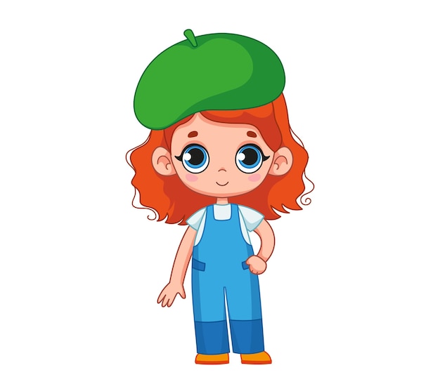 Menina artista bonitinha em uma boina verde e macacão jeans ilustração vetorial de um personagem