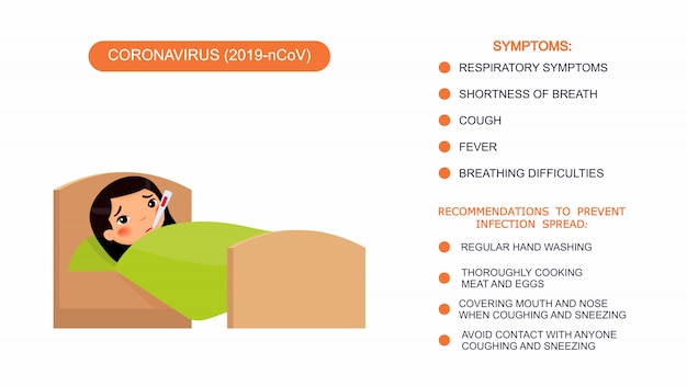 Menina asiática pequena doente com termômetro na cama. lista de infográficos de recomendações para proteção contra coronavírus, sintomas de coronavírus.