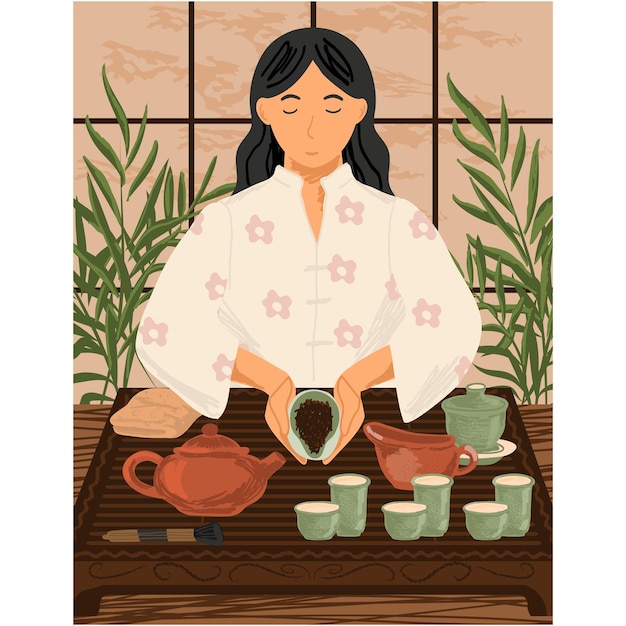 Vetor menina asiática preparar ilustração vetorial de chá japonês