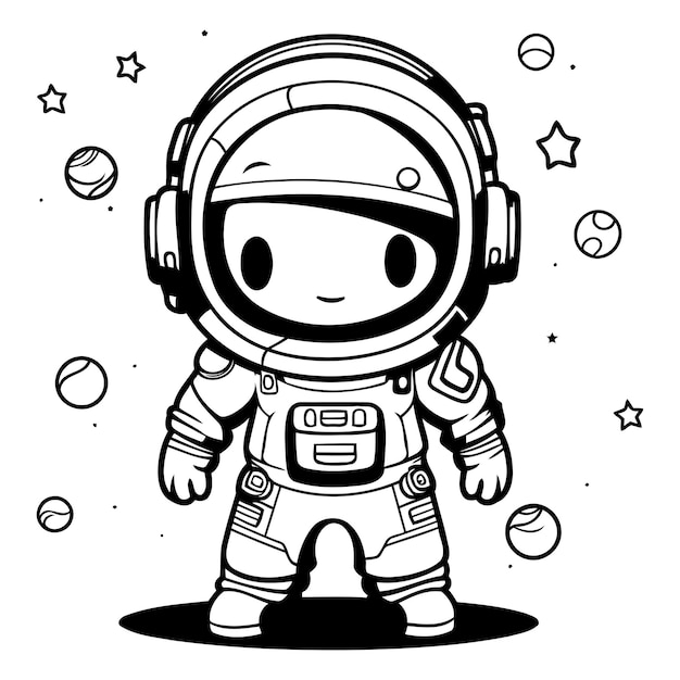 Vetor menina astronauta bonita em fato espacial ilustração vetorial em preto e branco
