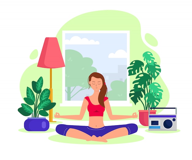 Menina ativa na ilustração plana de ioga e meditação meditando mulher na posição de lótus no interior de casa.