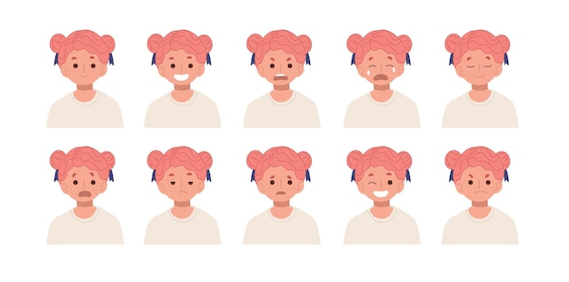 Menina avatar emoções diferentes ilustração de personagem de desenho animado vetorial plana