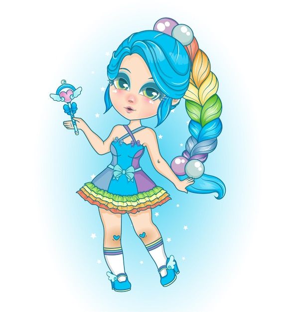 Menina azul estilo arco-íris chibi