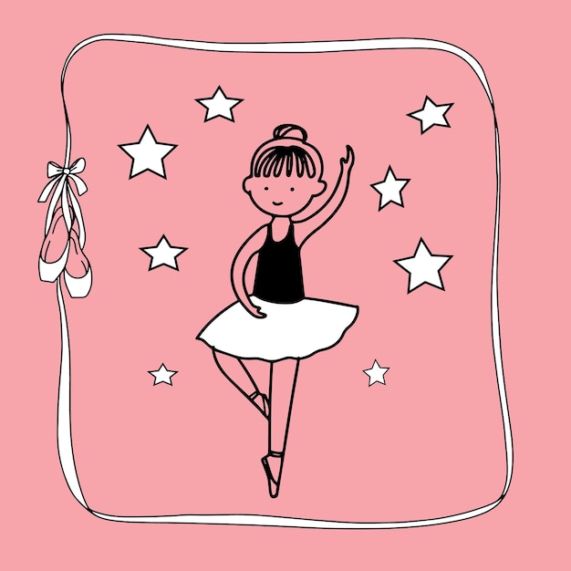 Vetor menina bailarina bonitinha no quadro de fita de fundo rosa com sapatilhas