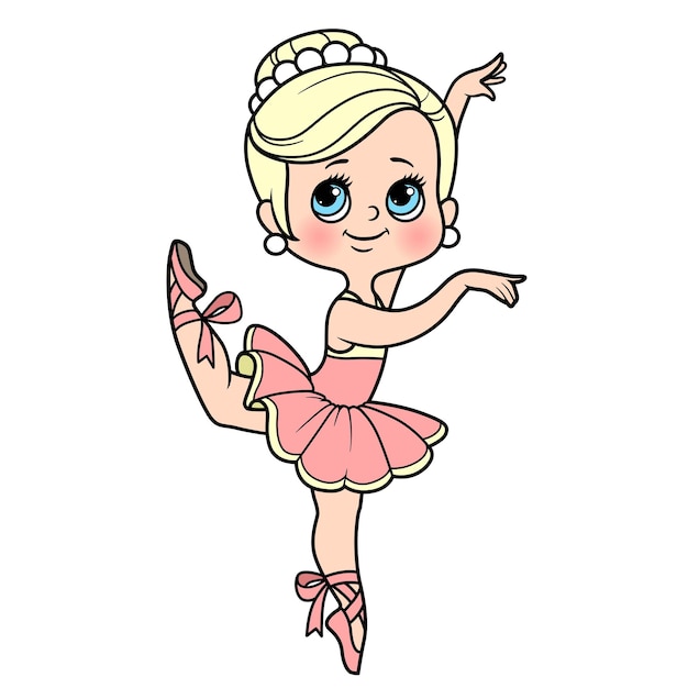 Vetor menina bailarina de desenho animado em exuberante dança de tutu em uma variação de cor de perna para colorir página isolada em um fundo branco