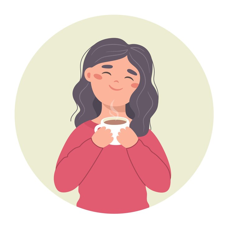 Menina bebendo café ilustração handdrawn de uma menina com uma caneca nas mãos avatar Vector