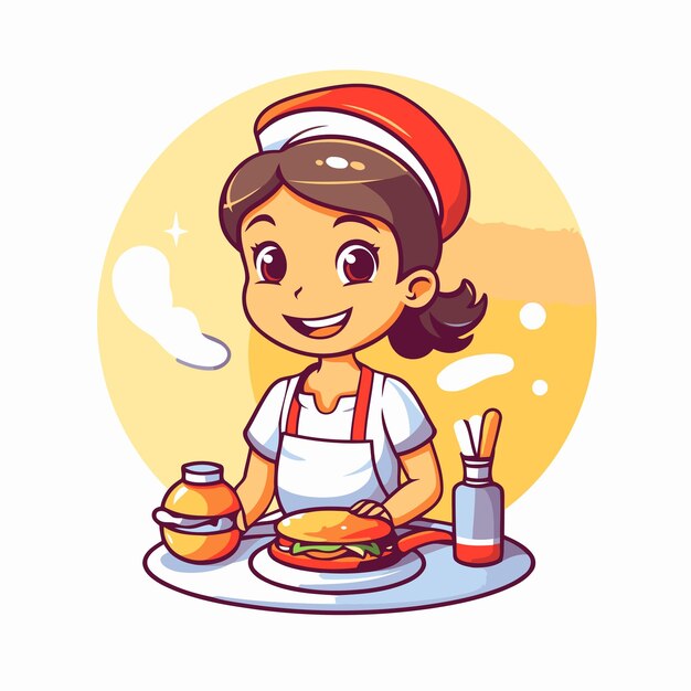 Vetor menina bonita com chapéu vermelho de papai noel e avental cozinhando hambúrguer ilustração vetorial