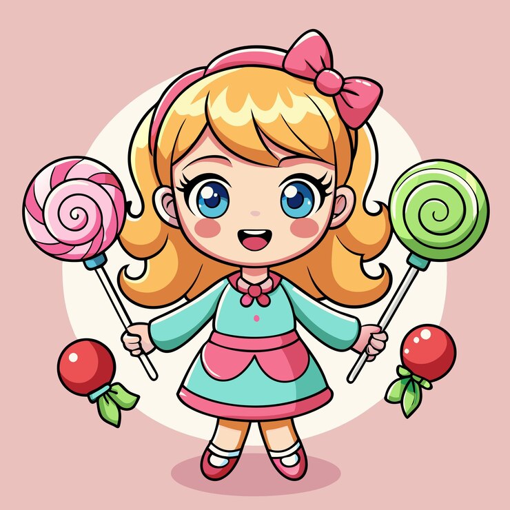 Vetor menina bonita com pirulitos em roupa com tema de doces vector de desenhos animados