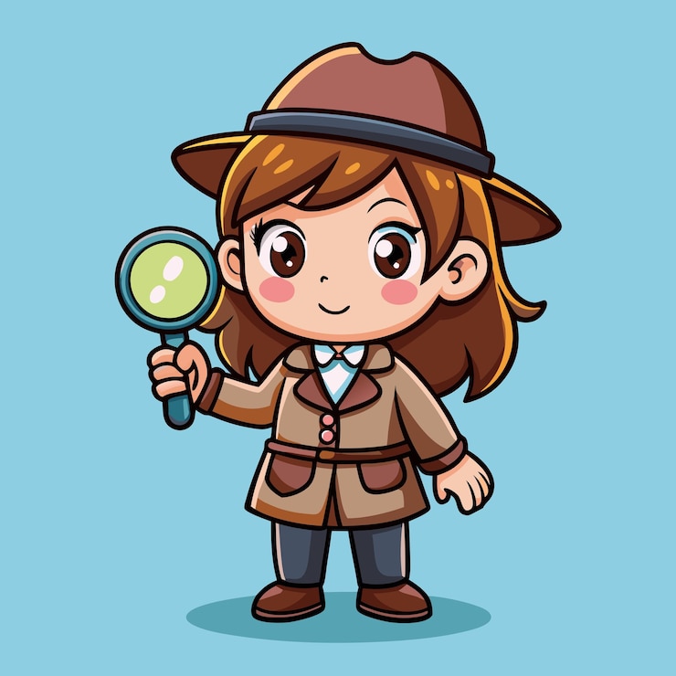 Vetor menina bonita com roupas de detetive segurando uma lupa de vetor de desenho animado