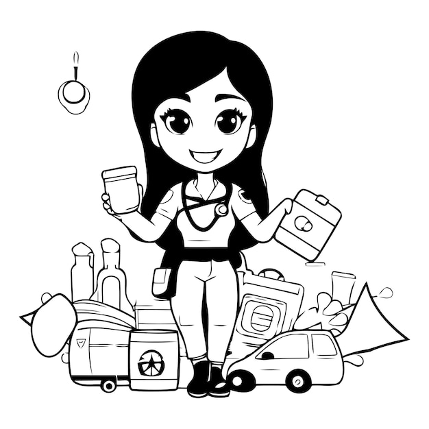 Vetor menina bonita com um conjunto de itens de viagem ilustração de desenho animado vetorial