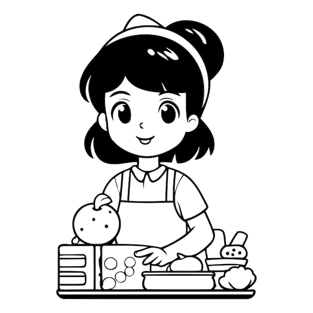 Vetor menina bonita cozinhando comida saudável na cozinha ilustração vetorial