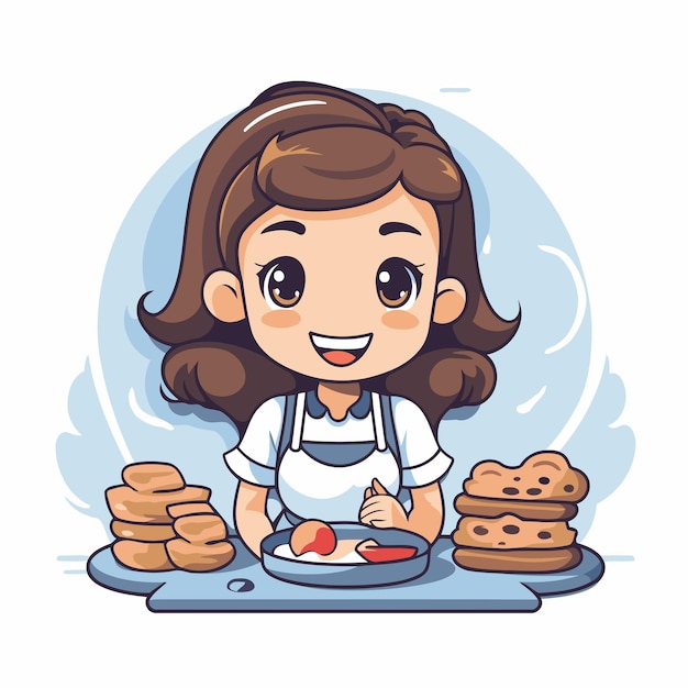 Vetor menina bonita cozinhando panquecas ilustração vetorial em estilo desenho animado