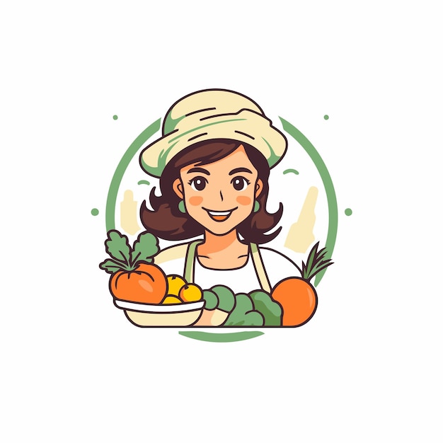 Vetor menina bonita de desenho animado com chapéu e avental com legumes frescos ilustração vetorial