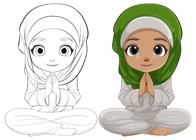 Vetor menina bonita de desenho animado com hijab a rezar