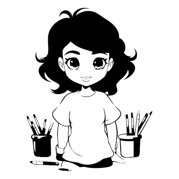 Vetor menina bonita desenhando com lápis e tintas ilustração vetorial