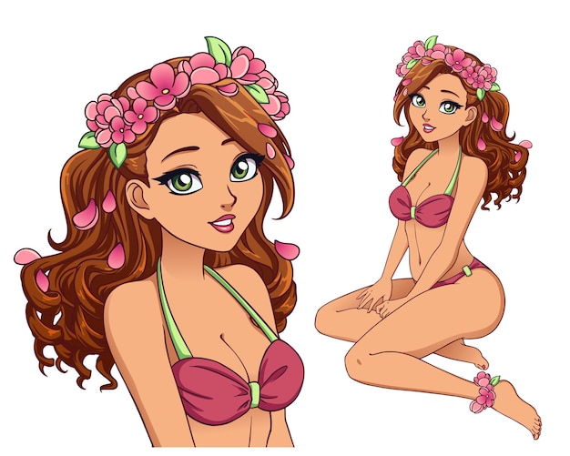 Vetor menina bonita dos desenhos animados com cabelo encaracolado, vestindo maiô rosa e grinalda da flor. cabelo castanho, pele bronzeada, grandes olhos verdes.