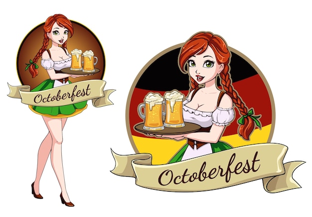 Menina bonita dos desenhos animados com cerveja, oktoberfest ou design de logotipo de dia de st patrick com espaço para texto, convite. rabo-de-cavalo vermelho, vestido tradicional verde. mão-extraídas ilustração vetorial.