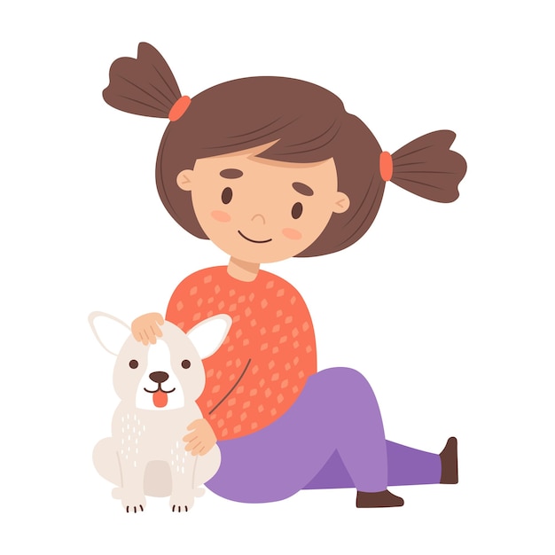 Menina bonita e feliz com cachorro Personagem infantil e cachorrinho em estilo de desenho animado com coleção Kids